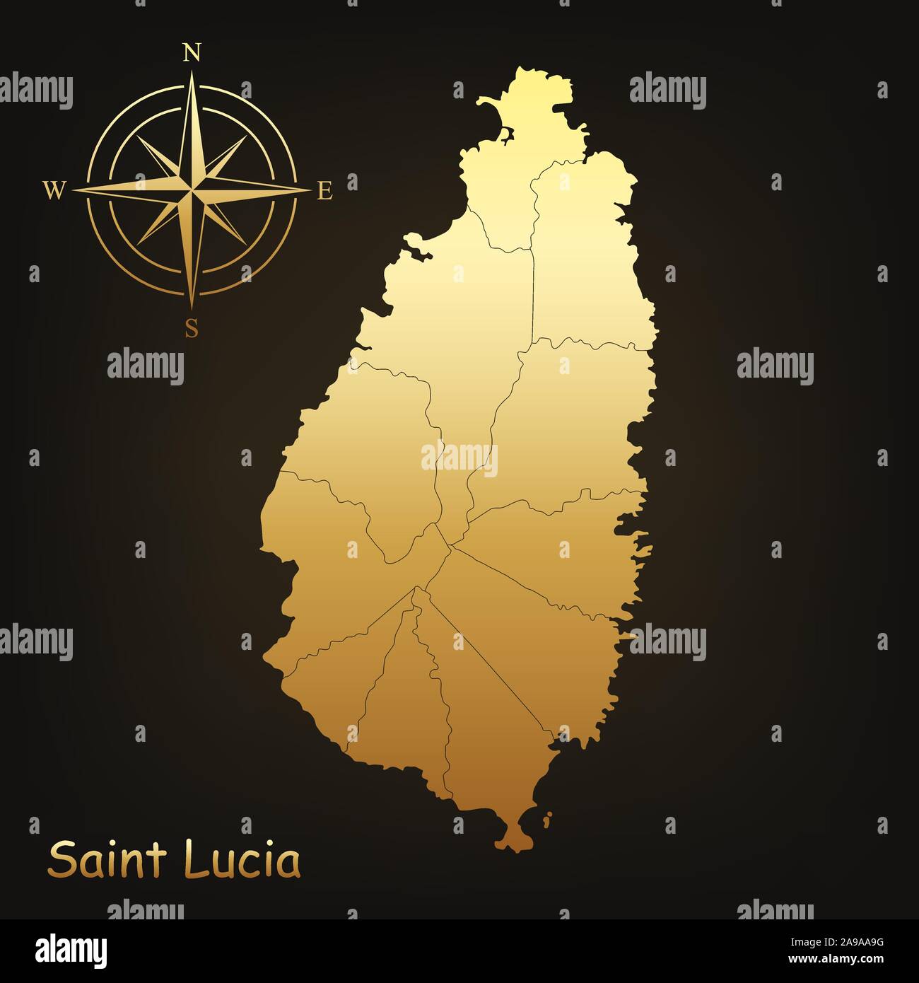 Gold map of Saint Lucia. Vector illustration. Glossy map with golden gradient. Stock Vector
