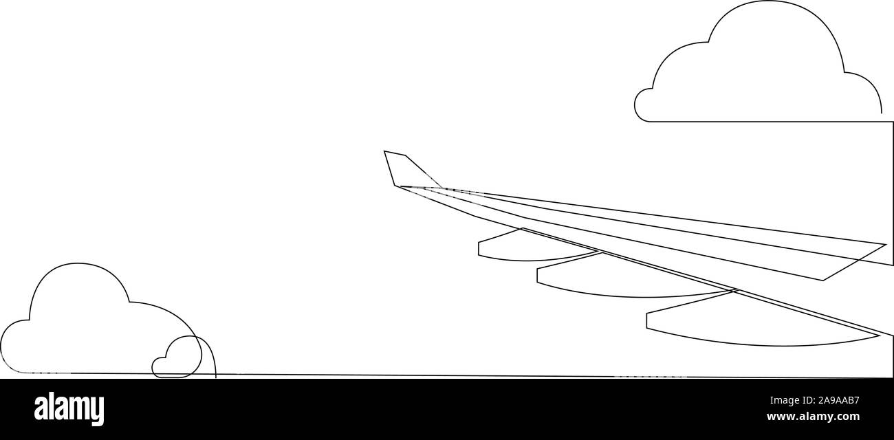 Wing of airplane and clouds. One line flying airplane illustration. Minimal style plane wing isolated on white background. Travel and tourism. Vector Stock Vector