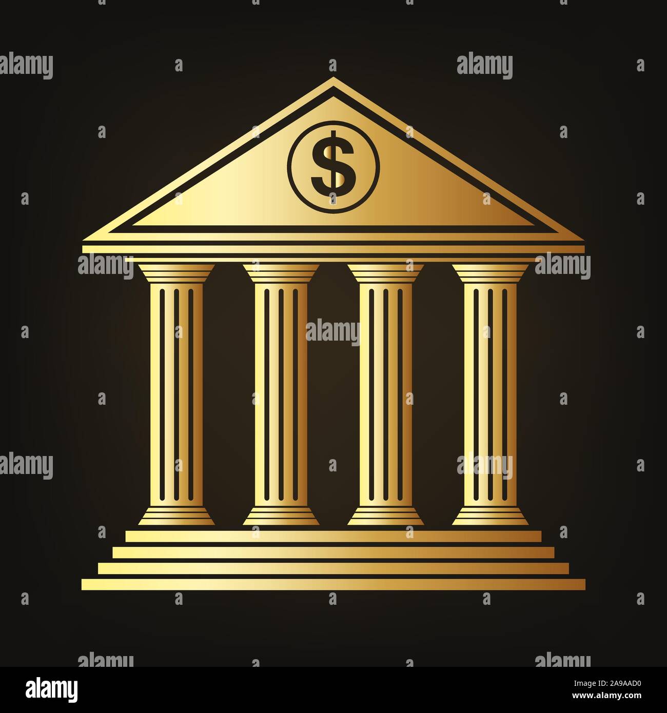 Gold building of the bank icon. Vector illustration. Gold commercial building sign on dark background. Stock Vector