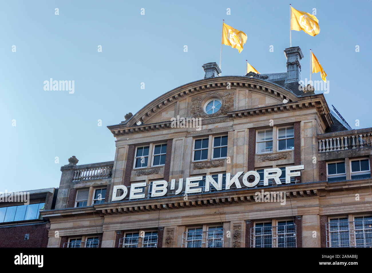 Amsterdam, Holland - October 30, 2019: Sign of the Bijenkorf, the flagship store on Dam Square from the high-end department stores in the Netherlands Stock Photo