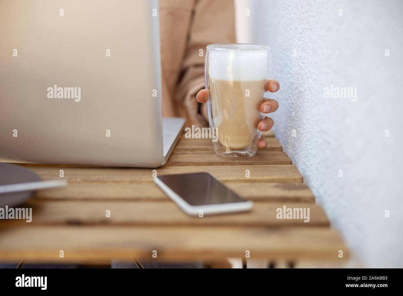 Freelancer working during her breakfast in the cafe Stock Photo