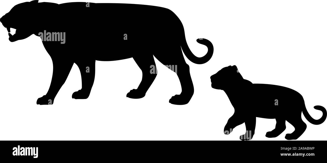 Silhouette of tiger and young tiger cub. Vector illustrator Stock Vector