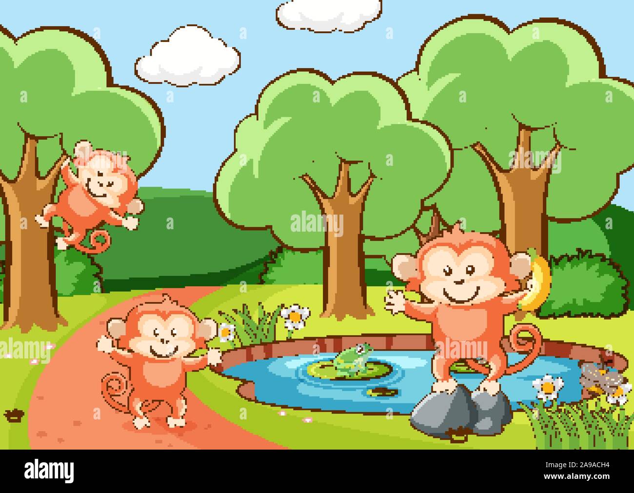 Scene with monkeys in forest illustration Stock Vector Image & Art - Alamy