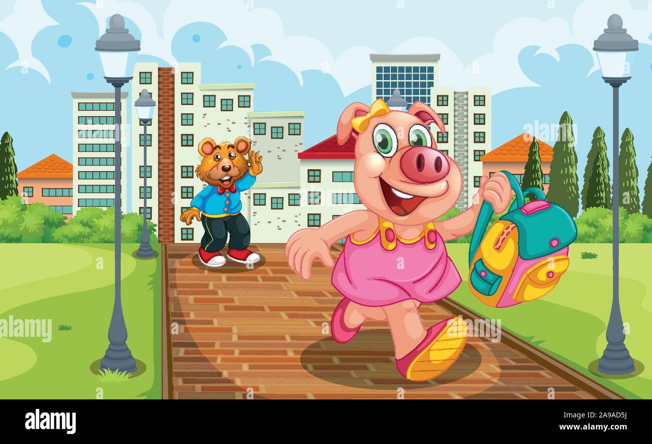 Pig running from school in afternoon illustration Stock Vector