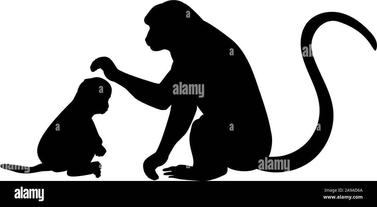 Silhouette of Monkey and young little Monkey. Vector illustrator Stock Vector