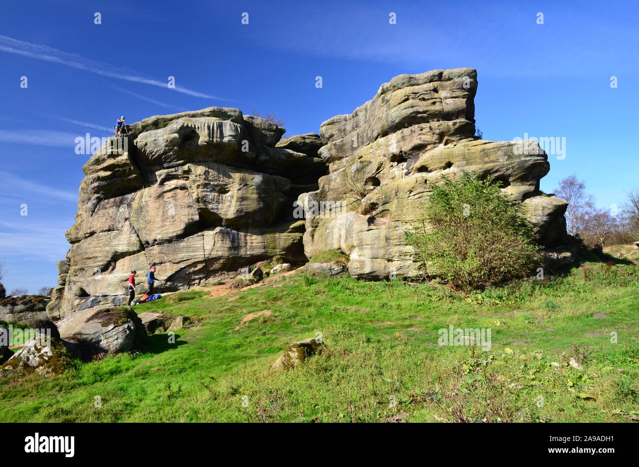 Rock climbers, Brimham rocks, Nidderdale, North Yorkshire Stock Photo