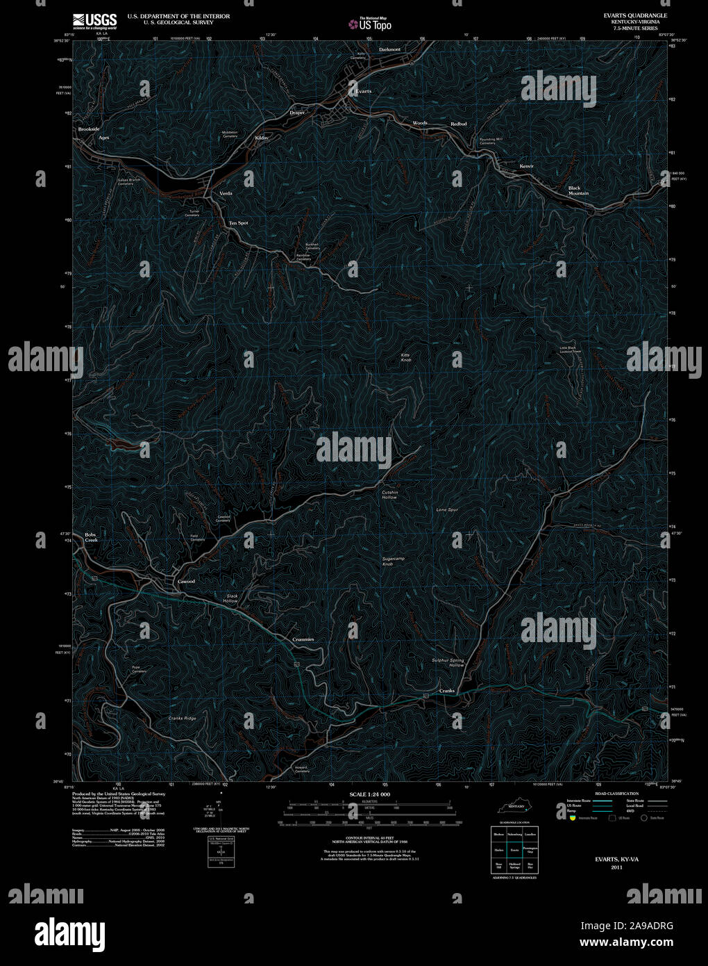 USGS TOPO Map Kentucky KY Evarts 20110630 TM Inverted Stock Photo Alamy
