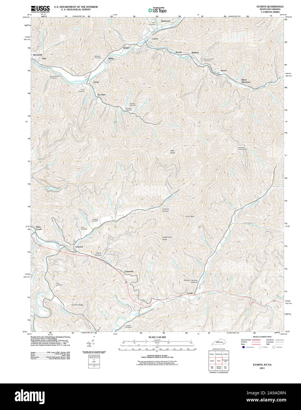 USGS TOPO Map Kentucky KY Evarts 20110630 TM Stock Photo Alamy