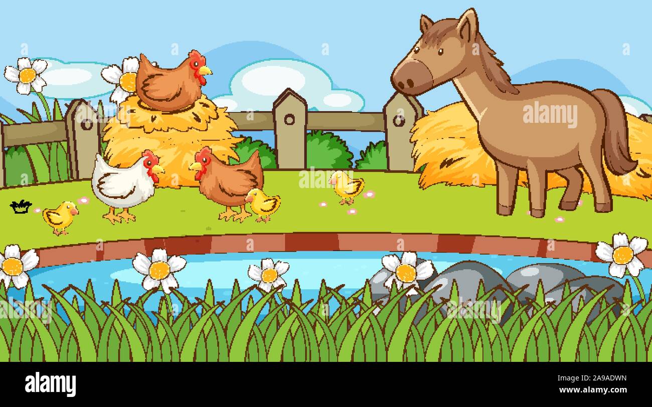 Scene with chicken and horse on the farm illustration Stock Vector ...