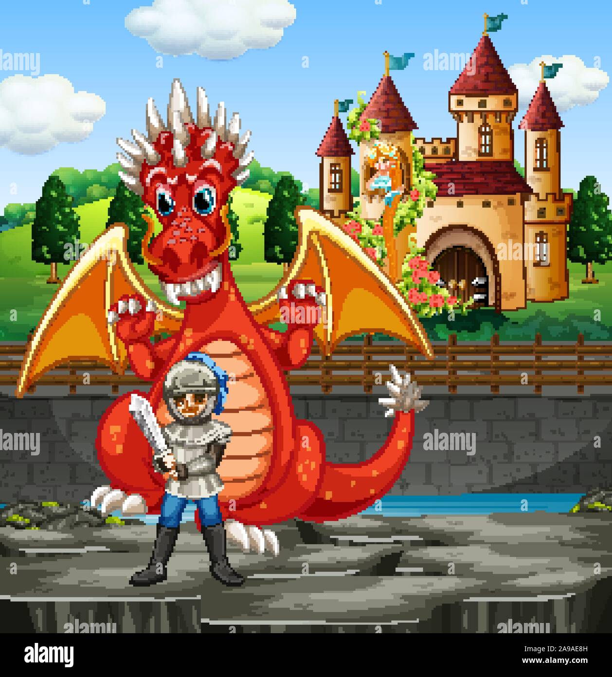 Scene with dragon and knight illustration Stock Vector Image & Art - Alamy