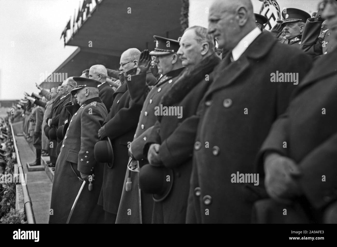 Original caption: Prague, 20 April at Sokol Stadium. During the German national anthem, General Sirory with four gentlemen of the army staff. Stock Photo
