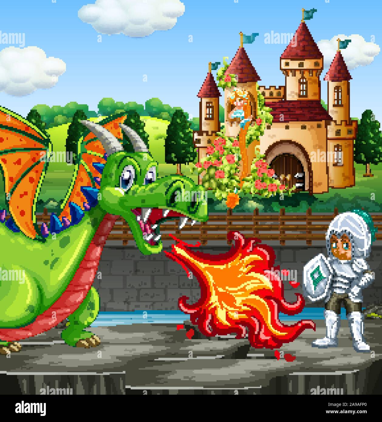Scene with dragon and knight illustration Stock Vector Image & Art - Alamy
