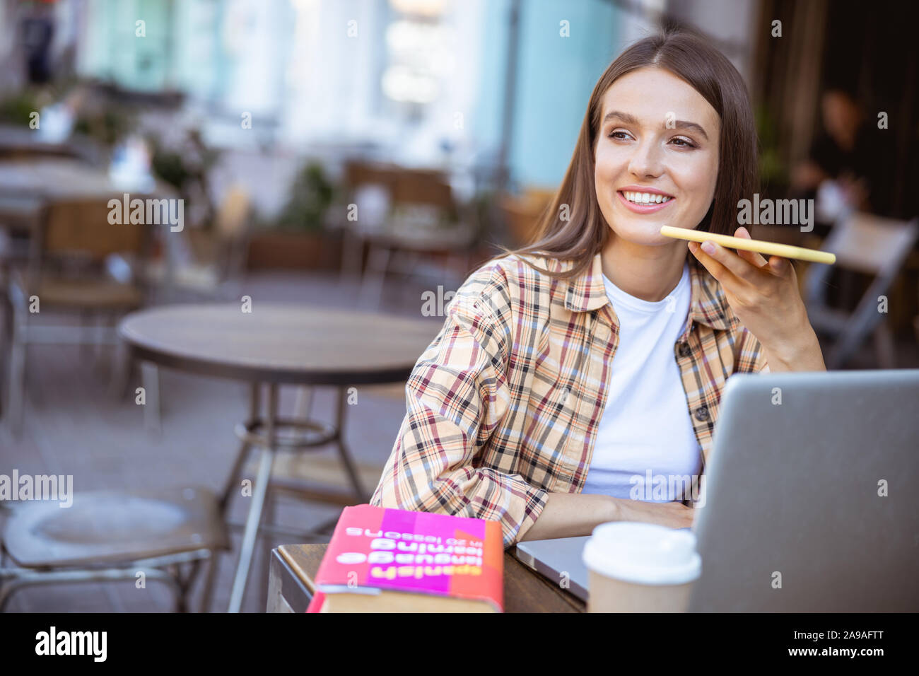 Woman being happy beginning her new lessons Stock Photo