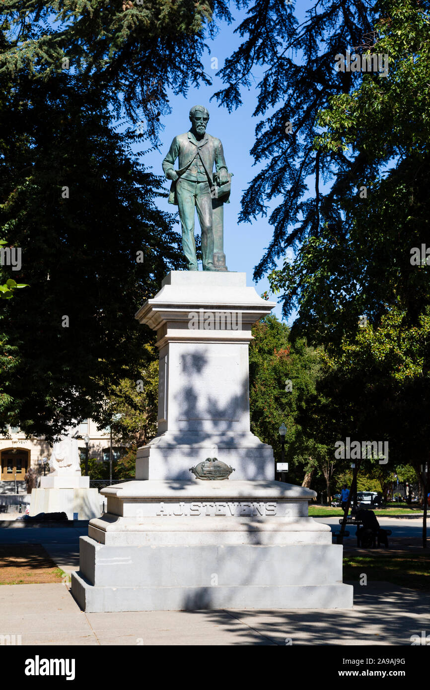 Monument to A.J. Stevens, Master Mechanic on the Southern Pacific Railroad, Cesar Chavez Park, Sacramento, California, United States of America. USA Stock Photo