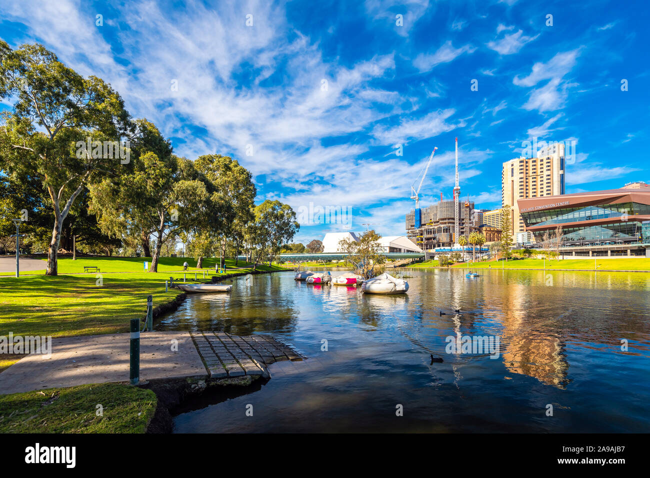Adelaide, Australia - August 4, 2019: City center skyline view with new SkyCity Casino under construction in the middle viewed across Riverbank on a d Stock Photo