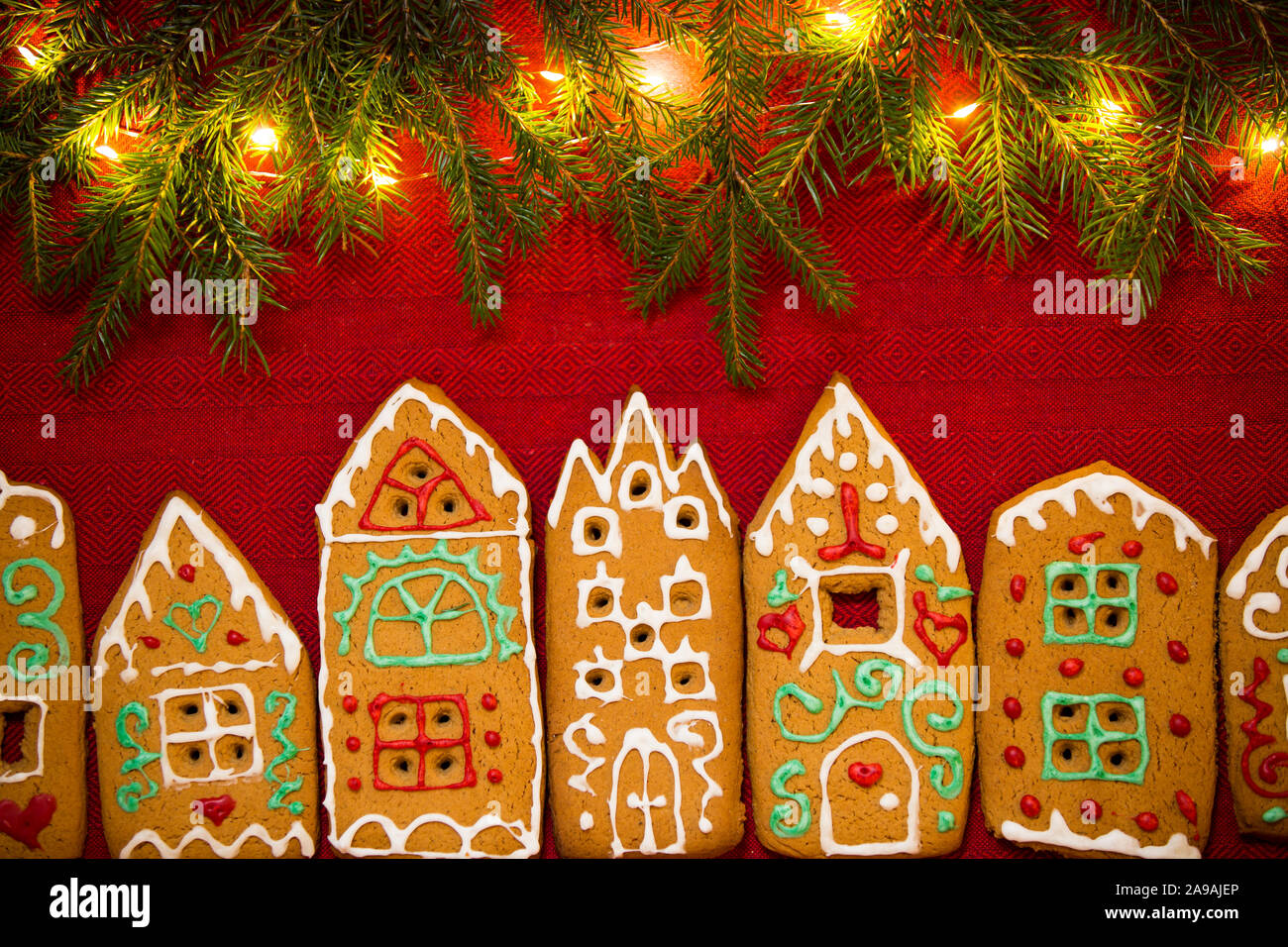 Christmas Background Red Table Cloth With Town Of Cute