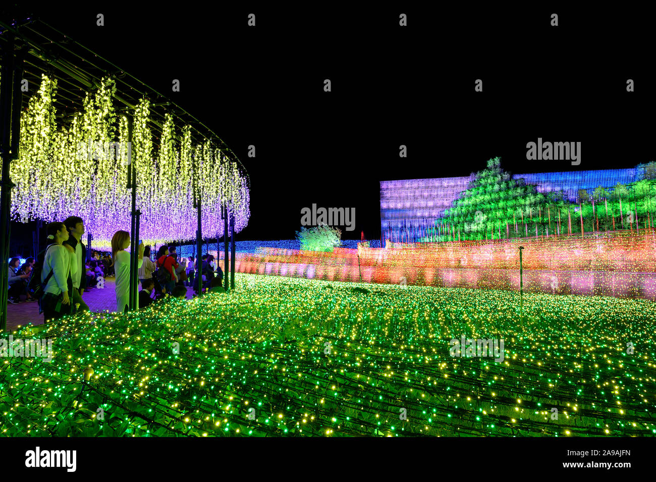 Nabana no Sato flower garden, winter illumination 2020. 'Sakura' theme with LED wisteria. Stock Photo