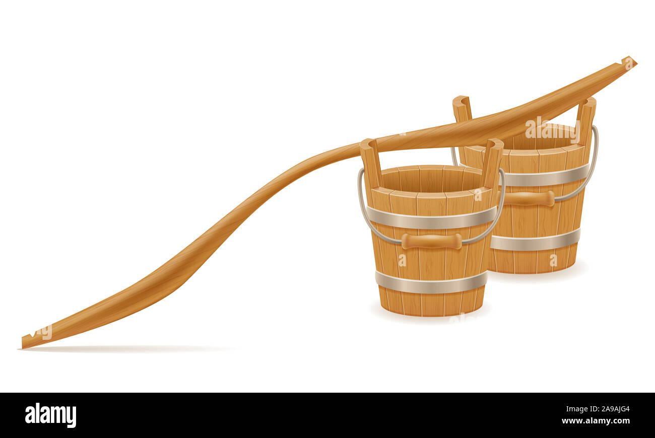 wooden bucket and yoke with wood texture old retro vintage vector illustration isolated on white