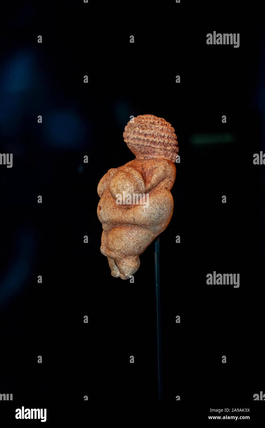 The Venus of Willendorf is an 11.1-centimetre-tall (4.4 in) Venus figurine estimated to have been made 30,000 BCE. It was found on August 7, 1908 duri Stock Photo
