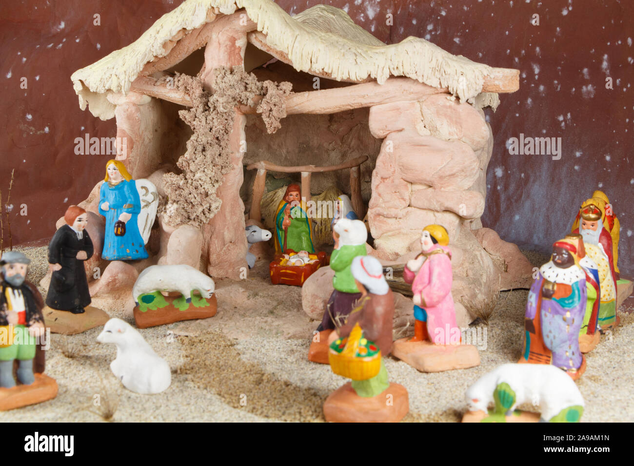 Traditional Nativity Scene With Provencal Christmas Crib Figures In