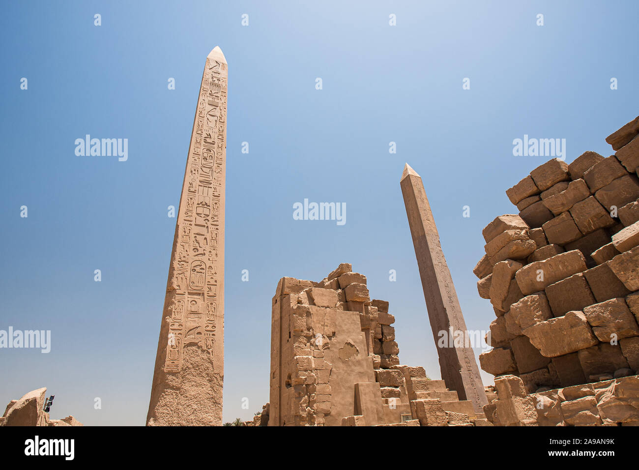 Karnak, Luxor, Egypt - April 28, 2008: The obelisks of Thutmose I and Queen Hatshepsut in Karnak temple near Luxor, Egypt. Stock Photo