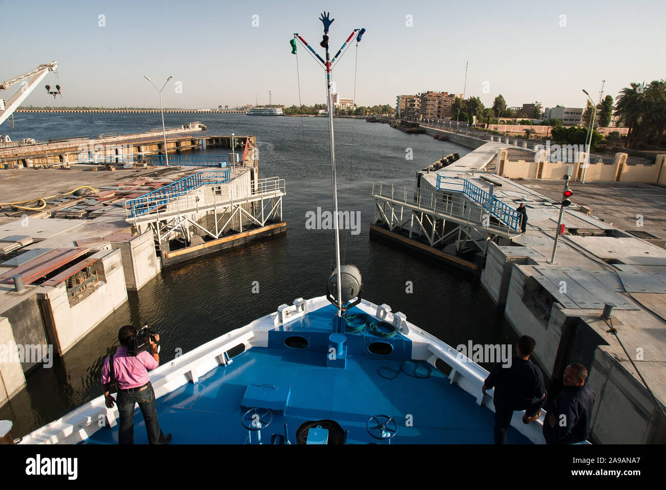 Esna, Egypt April 29, 2008 A cruise passes through a canal on the