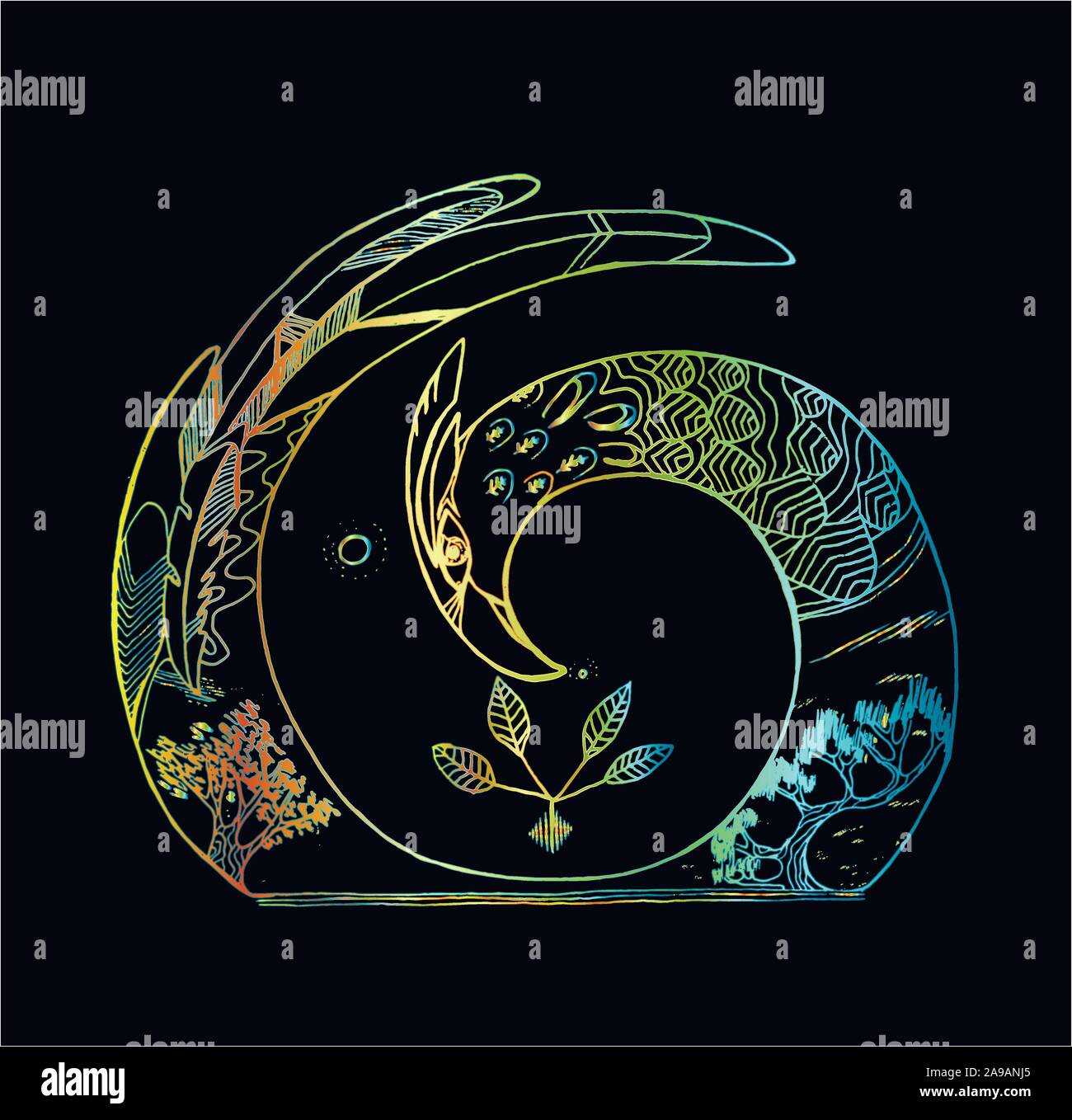 Color picture of a bird in a spiral whith trees inside Stock Vector