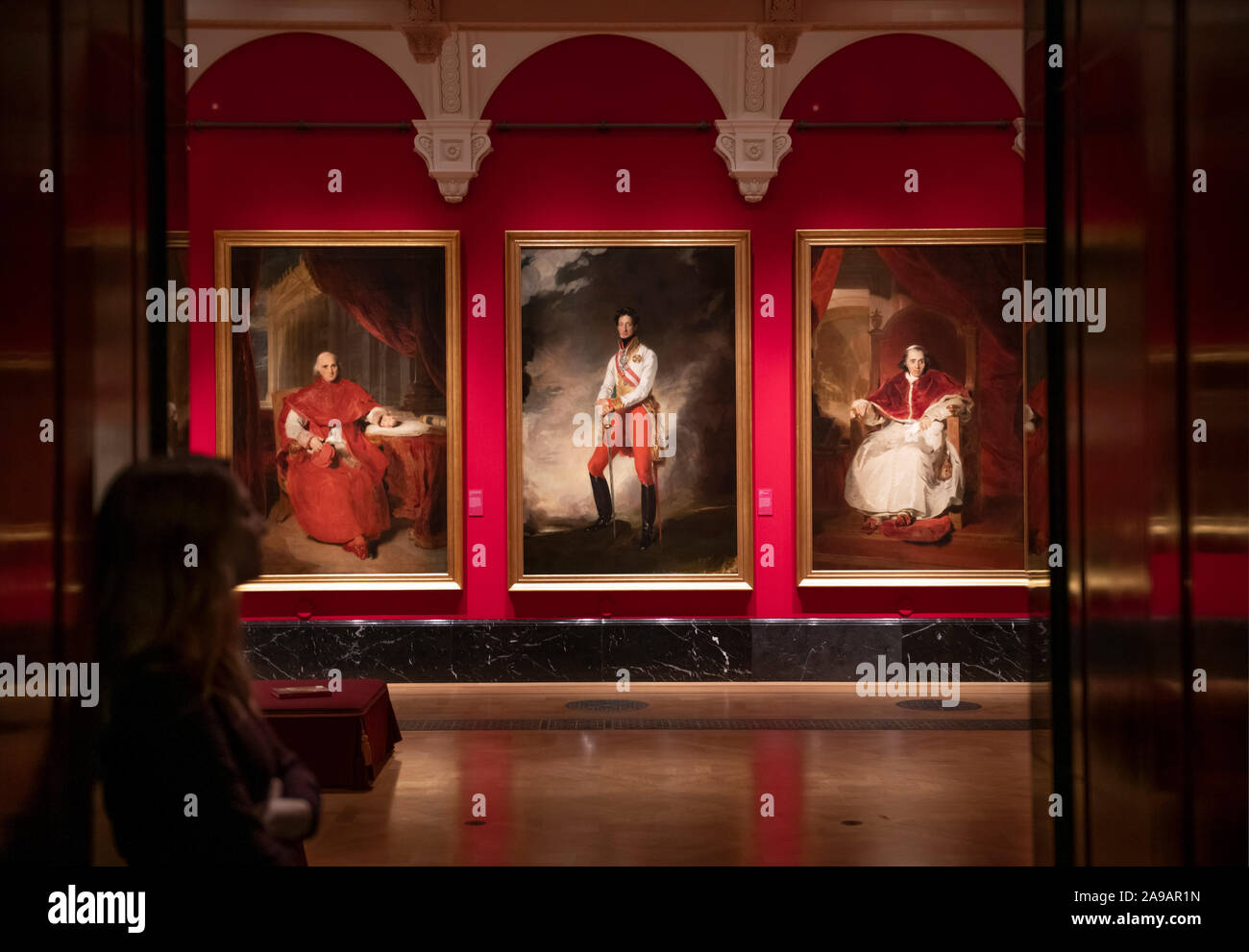 The Queen’s Gallery, Buckingham Palace, London, UK. 14th November 2019. George IV: Art & Spectacle exhibition preview, presenting his unrivalled collection of art, much of which remains in the Royal Collection. The exhibition runs from 15 November 2019 - 3 May 2020. Image: Portraits by Sir Thomas Lawrence from the Waterloo Chamber, Windsor Castle. (L to r): Ercole, Cardinal Consalvi; Charles, Archduke of Austria; Pope Pius VII. Credit: Malcolm Park/Alamy Live News. Stock Photo