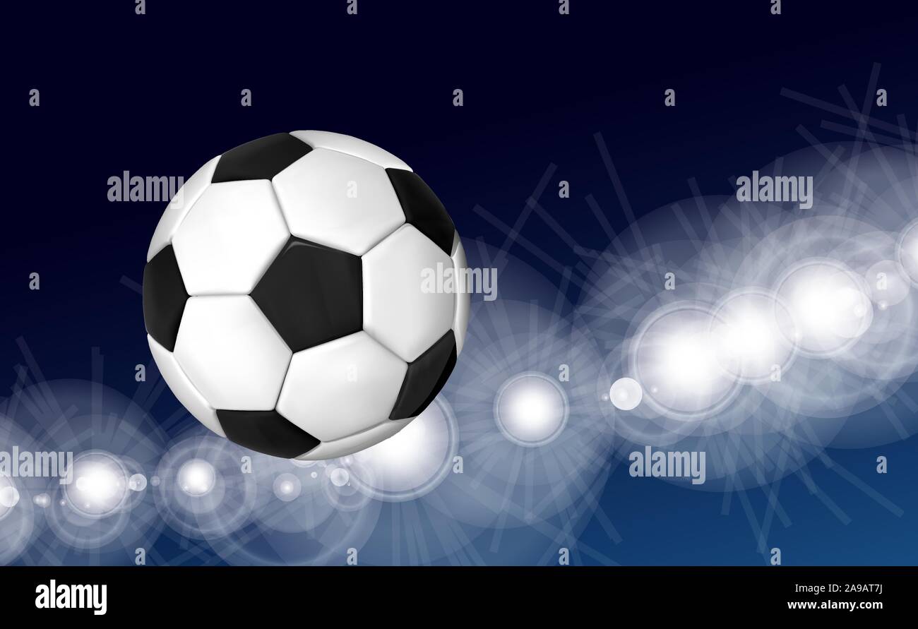 Soccer ball flying over the evening sky in the light of spotlights and flashes of a football stadium. Vector illustration Stock Vector