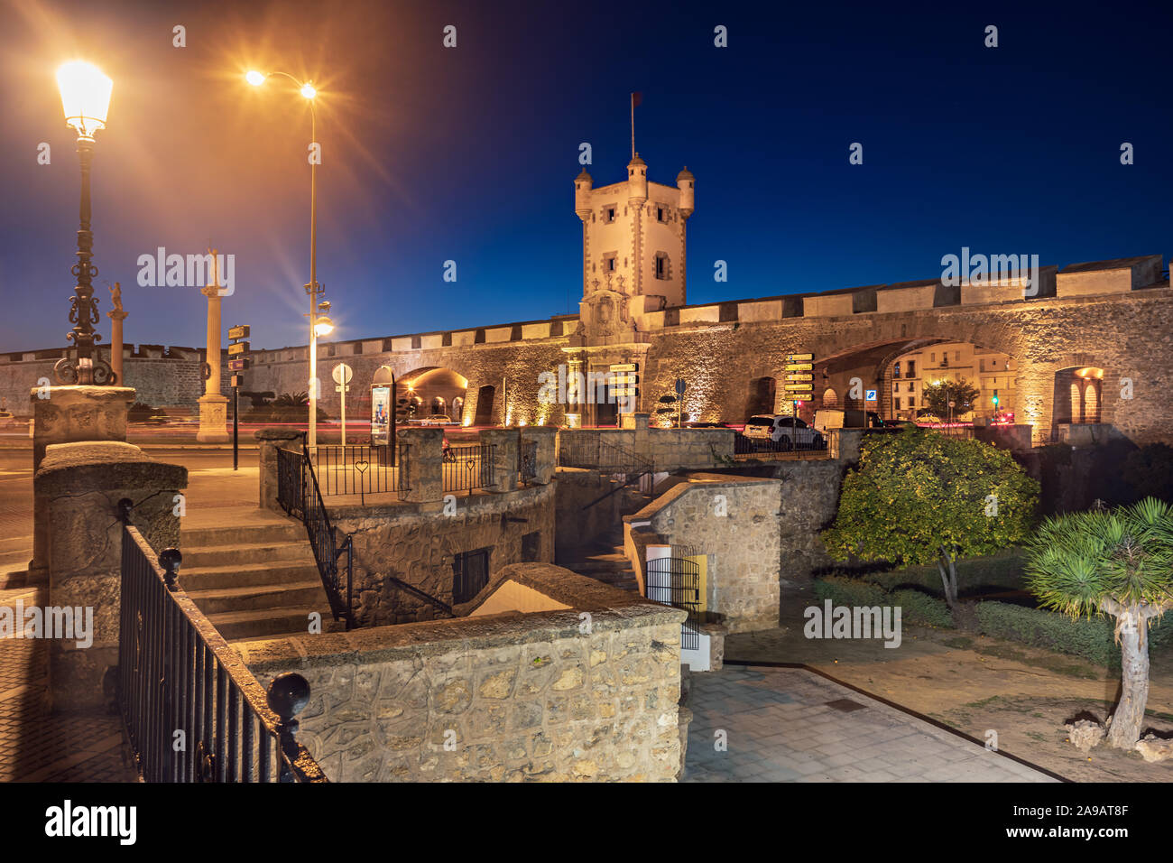 CADIZ, SPAIN - CIRCA NOVEMBER, 2019:  The Puertas de Tierra gate and townwall of Cadiz in Andalusia, Spain Stock Photo