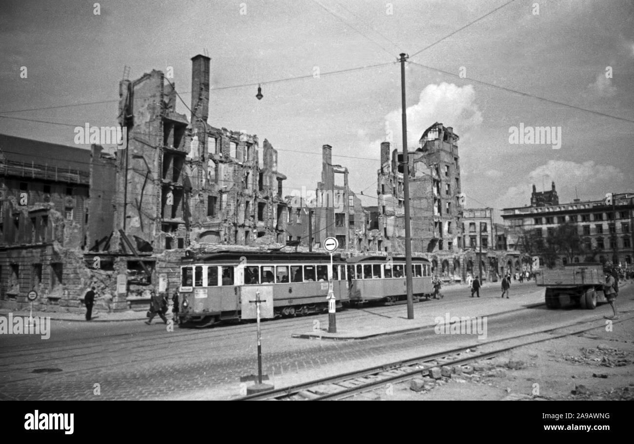 A tram on its way through devastated Munich, Germany 1940s. Stock Photo