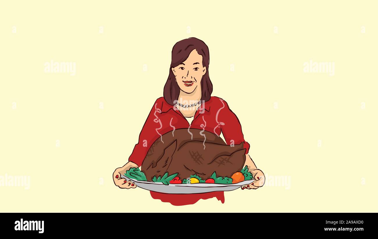 isolated modern housewife in elegant red dress serving hot turkey for thanksgiving family dinner Hand drawn style vector design illustration Stock Vector