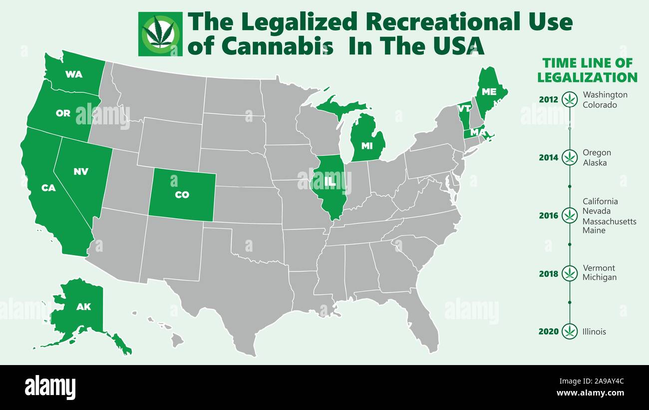 the legalized recreational use of marijuana (ganja) in the USA map infographic style illustration Stock Vector