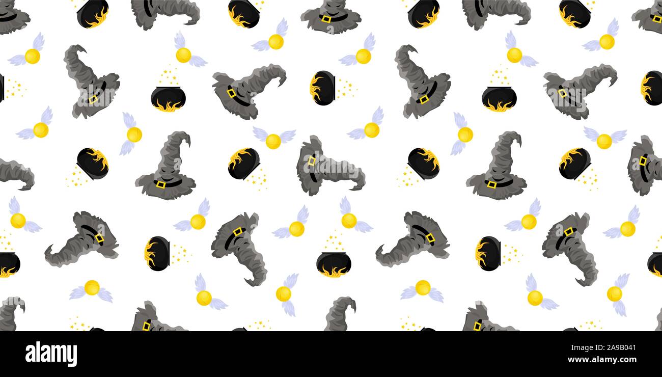 Seamless pattern magic and sorcery. Hat of predictions and a broom for flying. Hogwarts School.. Stock Vector