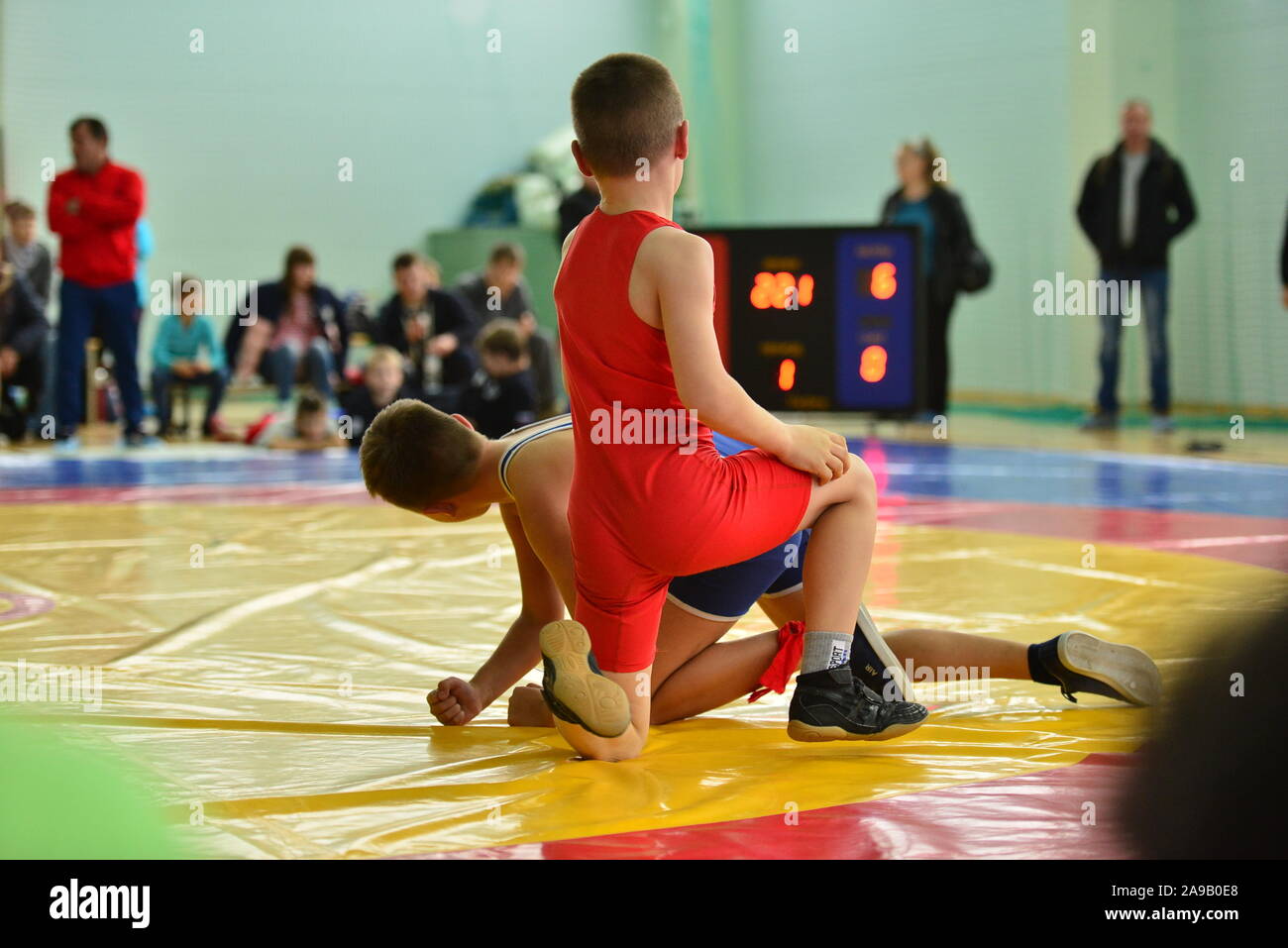 04.11.2017 Russia Novomoskovsak Sport Dvorets Children's wrestling competitions, illustration of disappointment from defeat Stock Photo