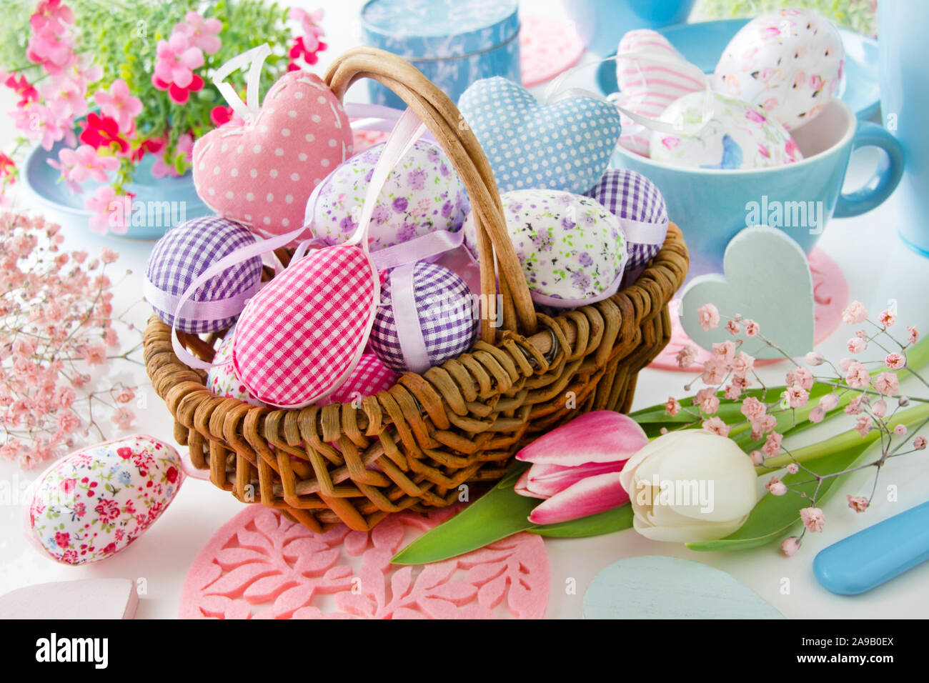 Easter decoration eggs and tulips Stock Photo