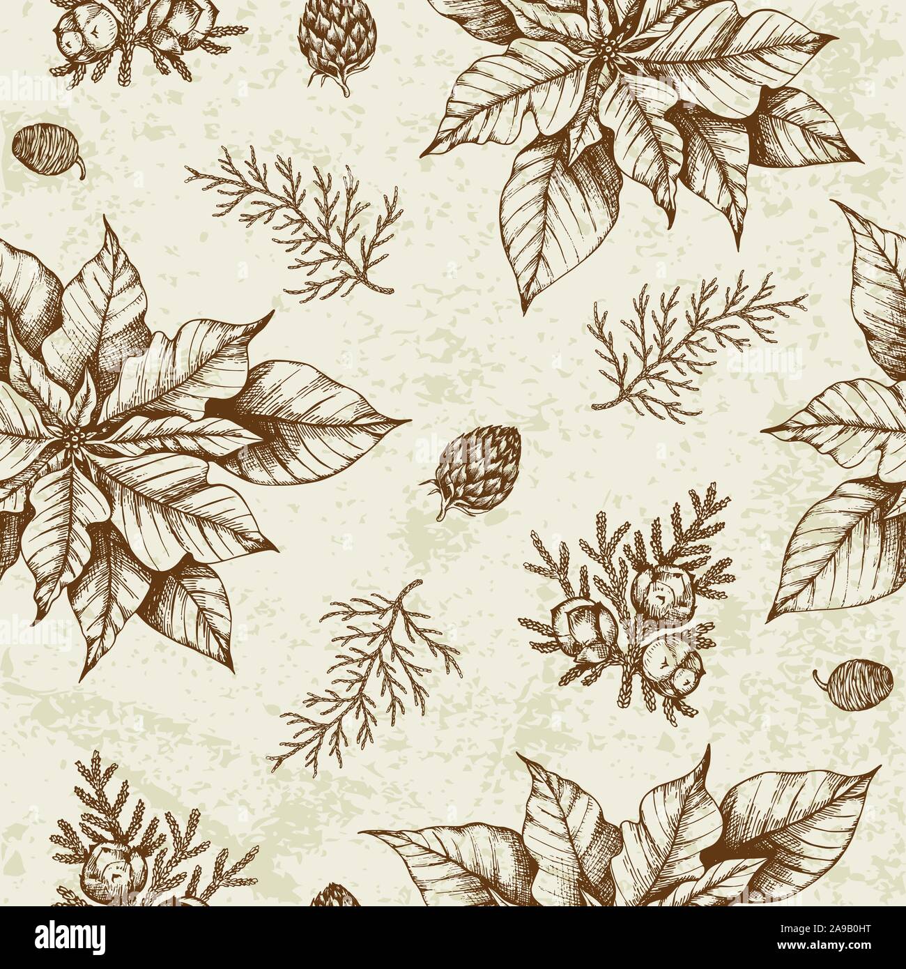 Vintage winter seamless pattern with poinsettia flowers and evergreen ...