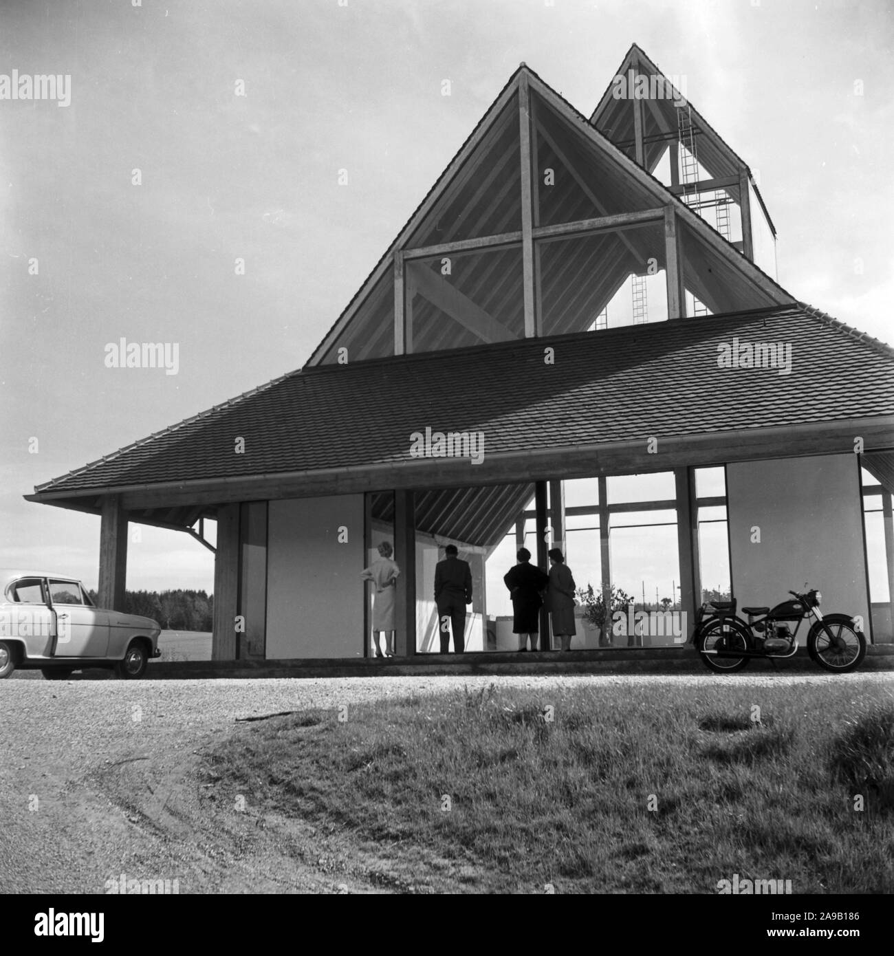 Recently built highway church of St. Mary at highway A8 near Augsburg, Germany 1950s. Stock Photo