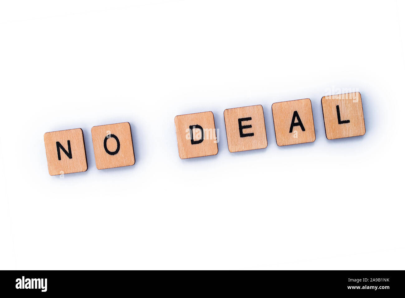 NO DEAL, spelt out with wooden letter tiles. Stock Photo