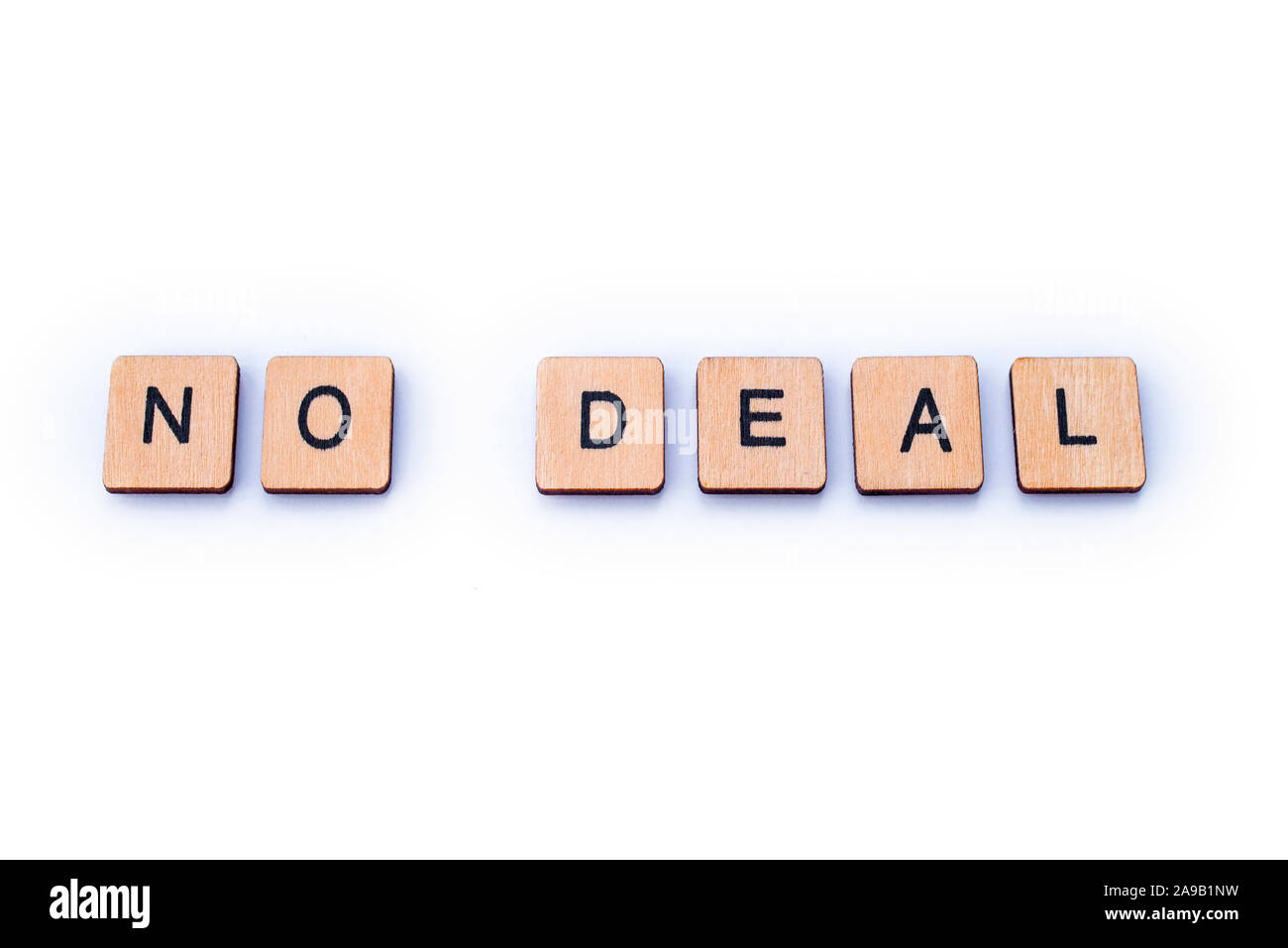 NO DEAL, spelt out with wooden letter tiles. Stock Photo