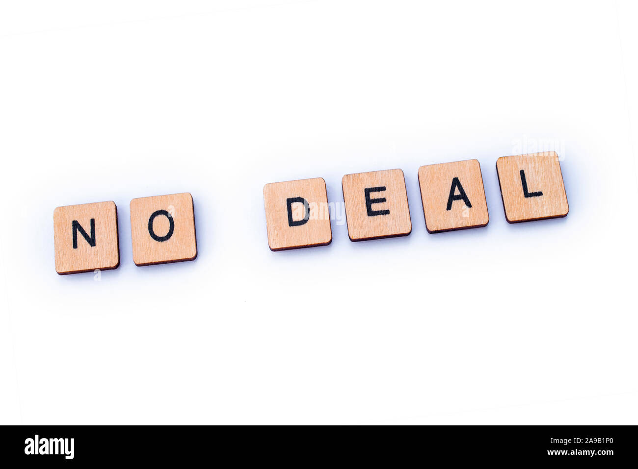 NO DEAL, spelt out with wooden letter tiles. Stock Photo
