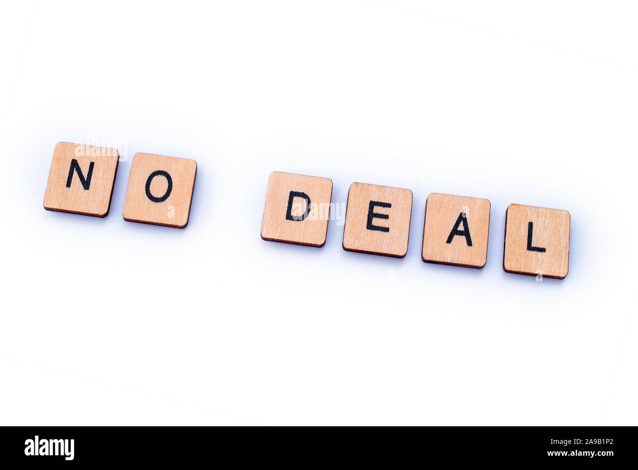 NO DEAL, spelt out with wooden letter tiles. Stock Photo