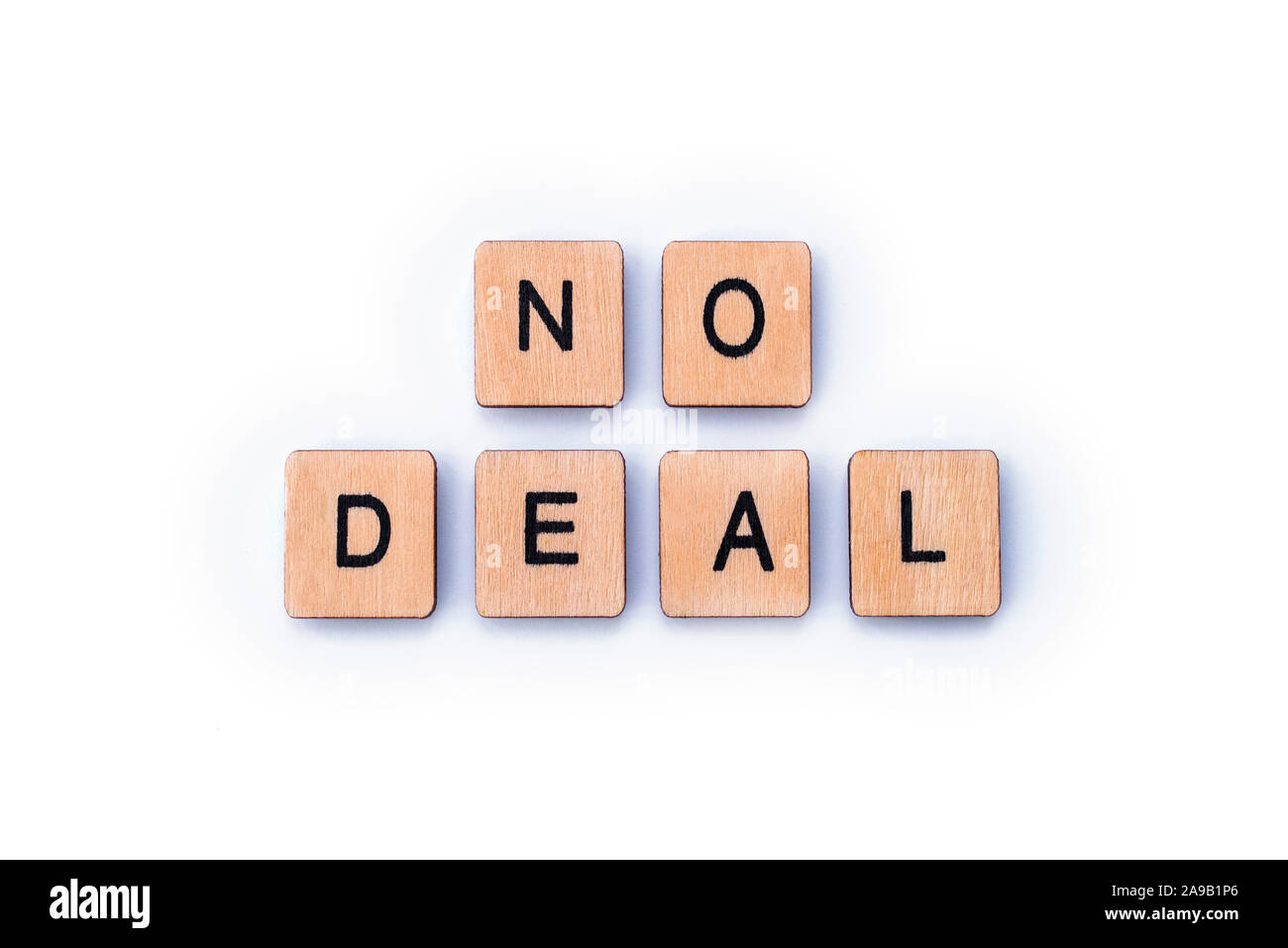 NO DEAL, spelt out with wooden letter tiles. Stock Photo