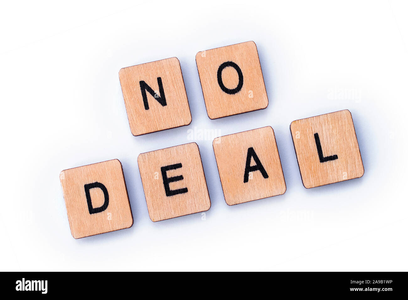 NO DEAL, spelt out with wooden letter tiles. Stock Photo