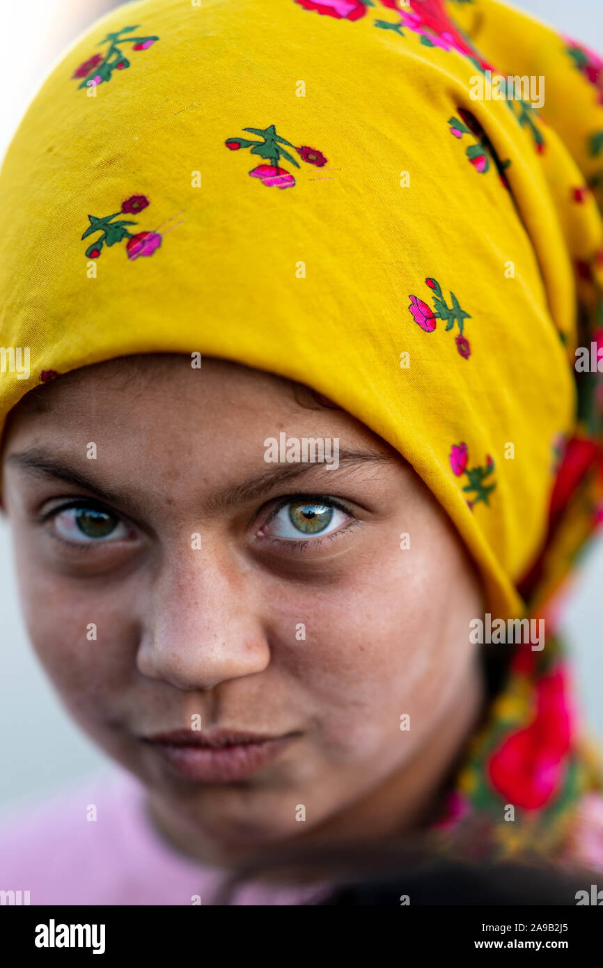 BADARASH, IRAQ - NOVEMBER 7 :  Portrait of a young Syrian Kurdish child who fled the Turkish offensive of October 2019 in Syria. Stock Photo