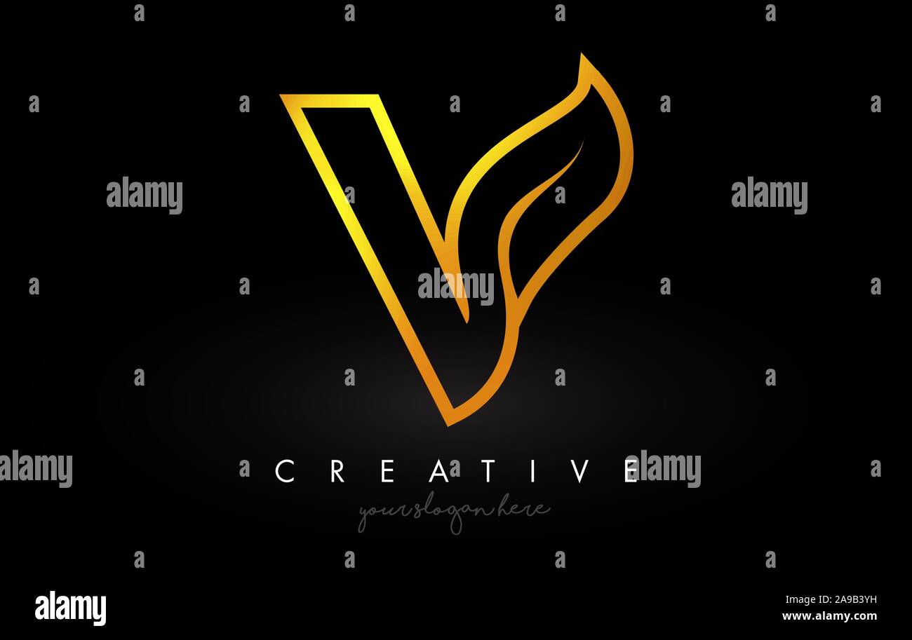 Letter V Golden Monogram Leaf Logo Icon Design with Gold Yellow Colors ...