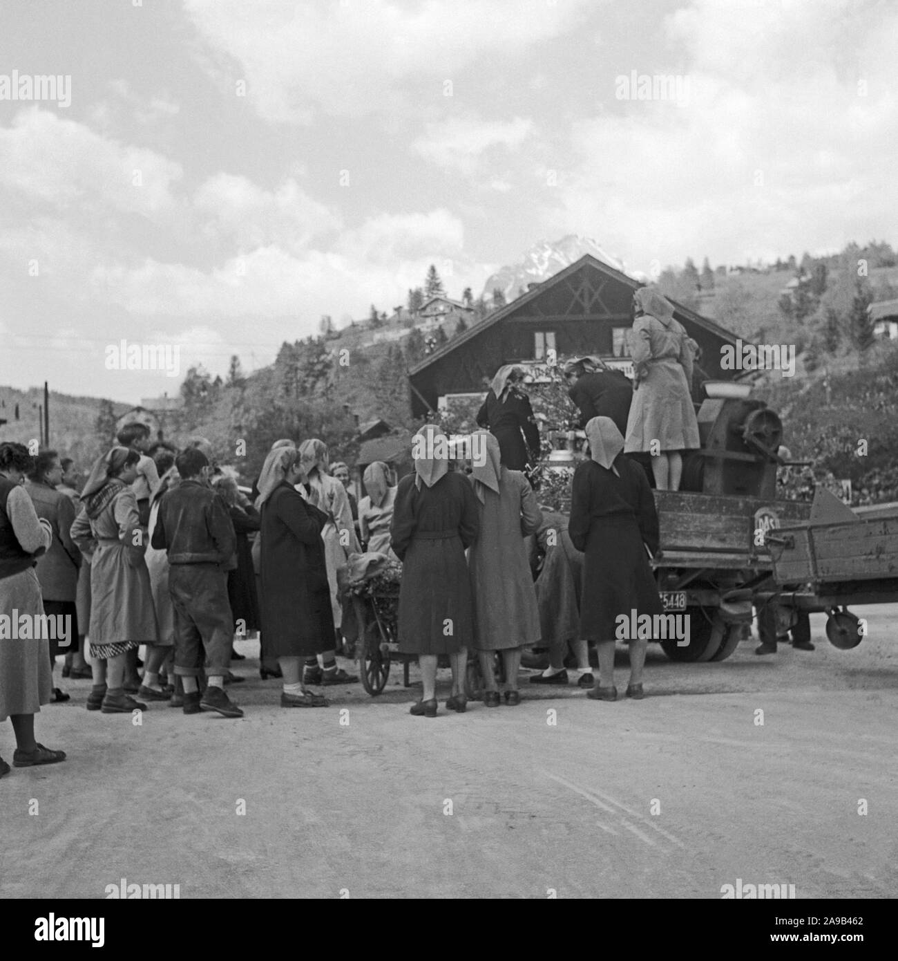 A village near Mittenwald gets a delivery of new church bells for its church, Germany 1955 Stock Photo