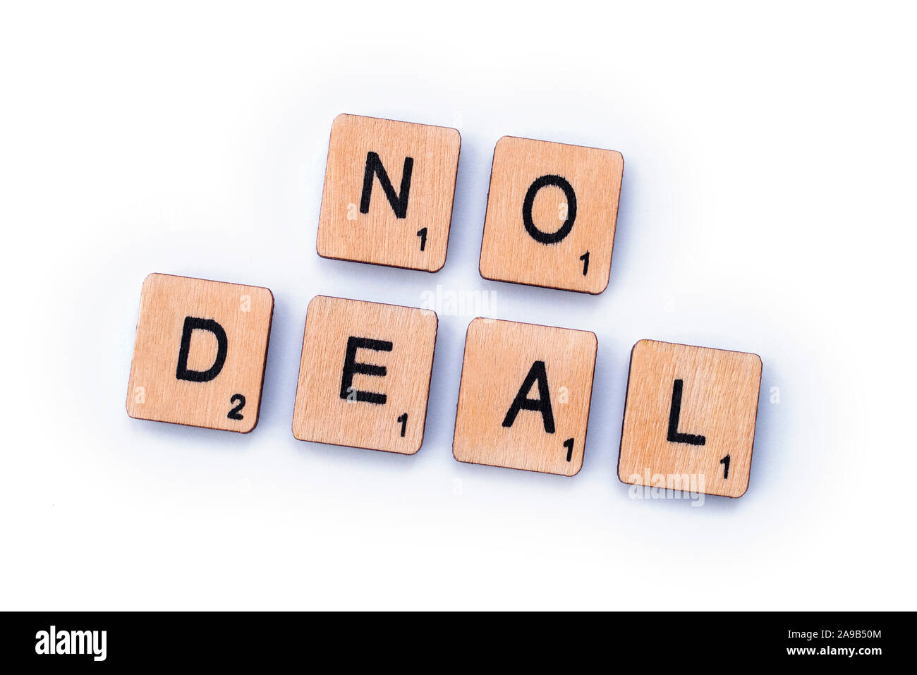 London, UK - February 6th 2019: NO DEAL, spelt out with wooden letter tiles. Stock Photo