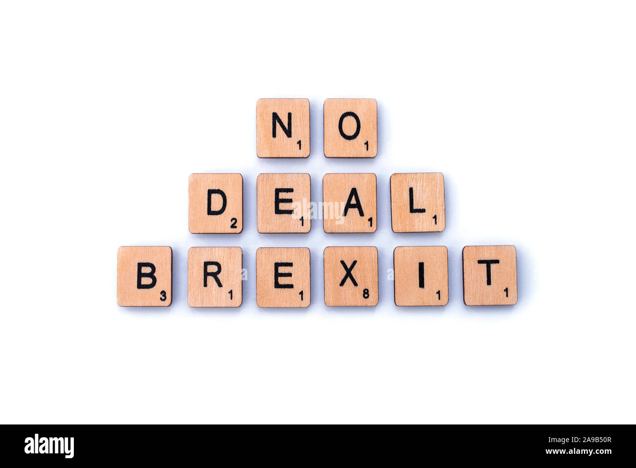 London, UK - February 6th 2019: NO DEAL BREXIT, spelt out with wooden letter tiles. Stock Photo