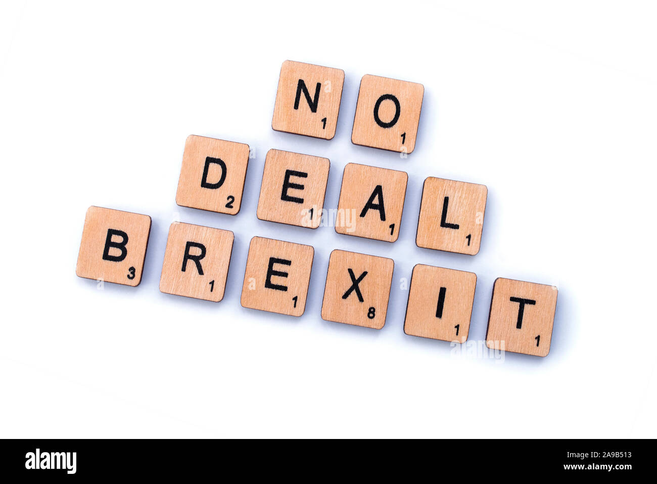 London, UK - February 6th 2019: NO DEAL BREXIT, spelt out with wooden letter tiles. Stock Photo